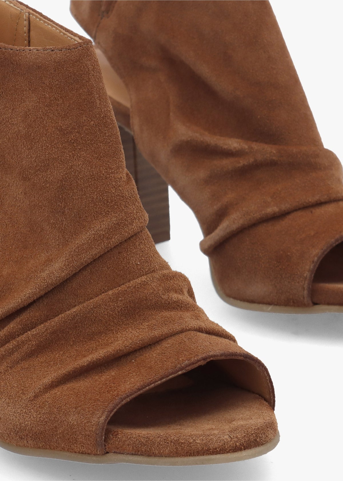 Moochy Tan Suede Ruched Block Heel Sandals
