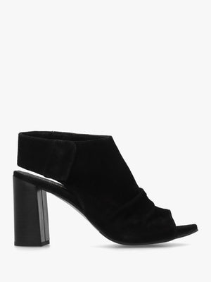 Moochy Black Suede Ruched Block Heel Sandals