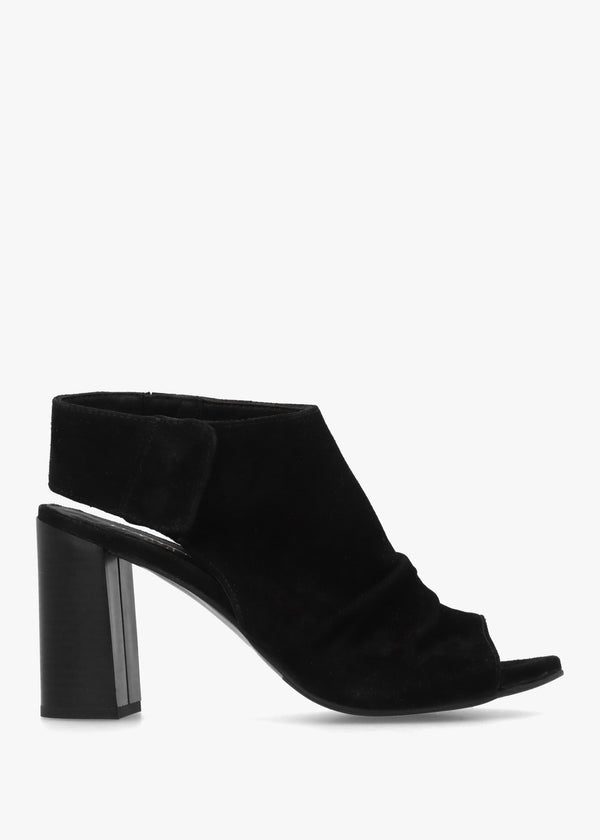 Moochy Black Suede Ruched Block Heel Sandals