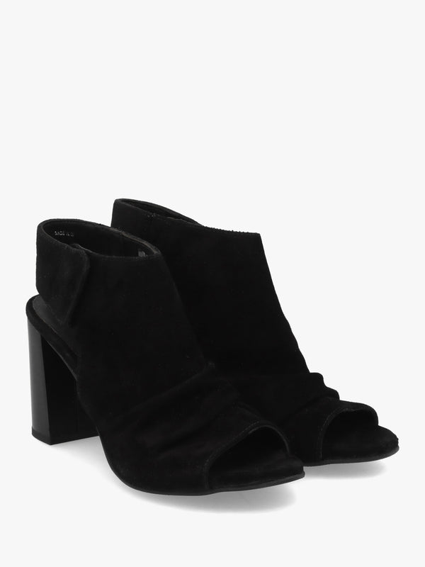 Moochy Black Suede Ruched Block Heel Sandals