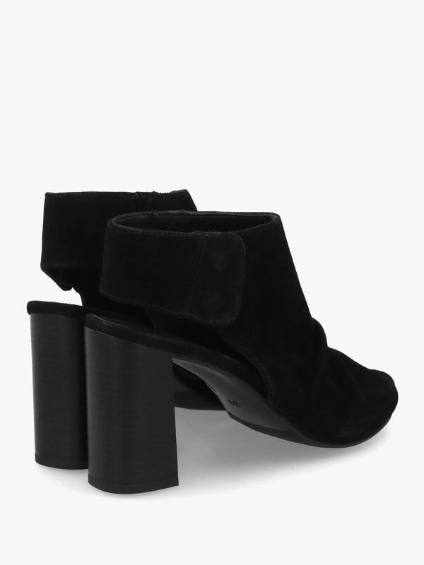 Moochy Black Suede Ruched Block Heel Sandals