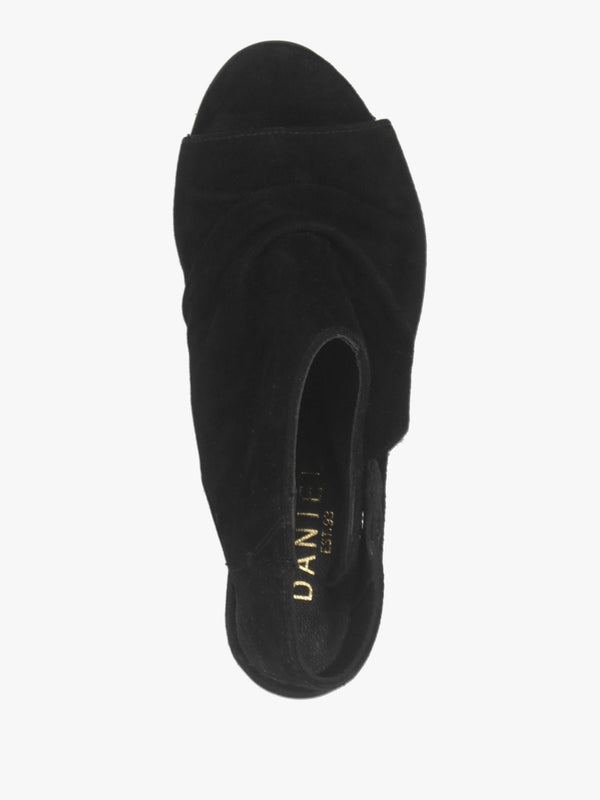 Moochy Black Suede Ruched Block Heel Sandals