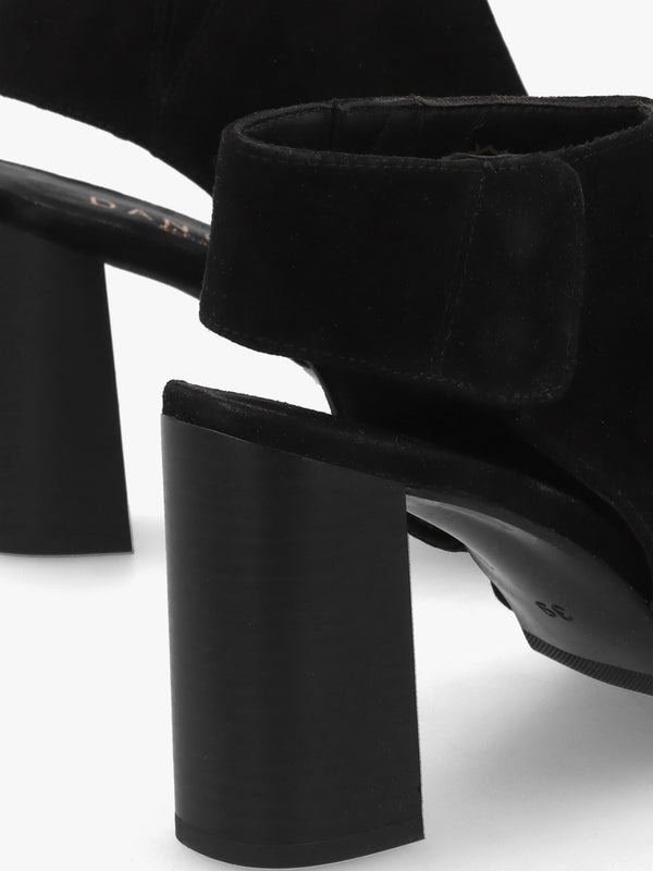 Moochy Black Suede Ruched Block Heel Sandals
