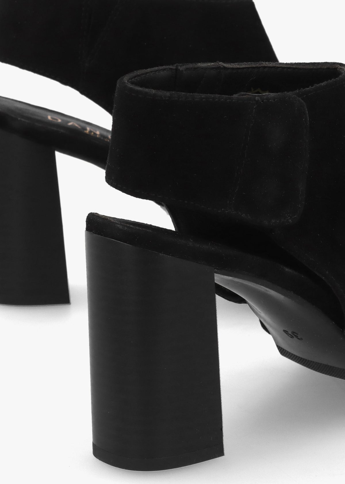 Moochy Black Suede Ruched Block Heel Sandals