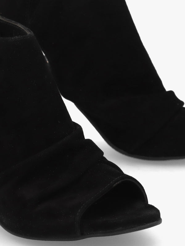 Moochy Black Suede Ruched Block Heel Sandals
