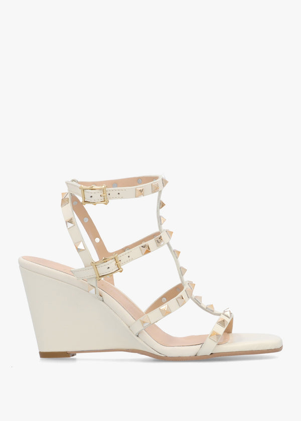 Pittedge Cream Leather Studded Wedge Sandals