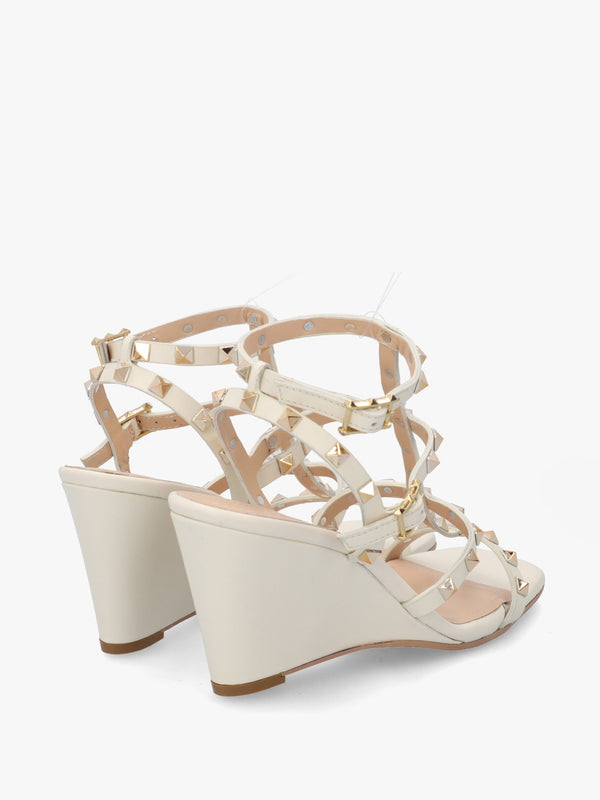Pittedge Cream Leather Studded Wedge Sandals