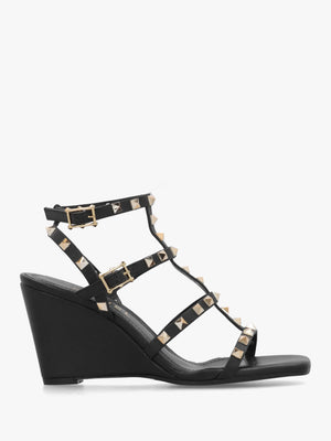 Pittedge Black Leather Studded Wedge Sandals