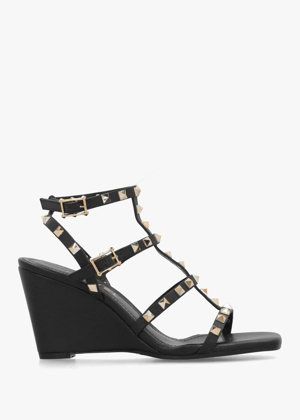 Pittedge Black Leather Studded Wedge Sandals