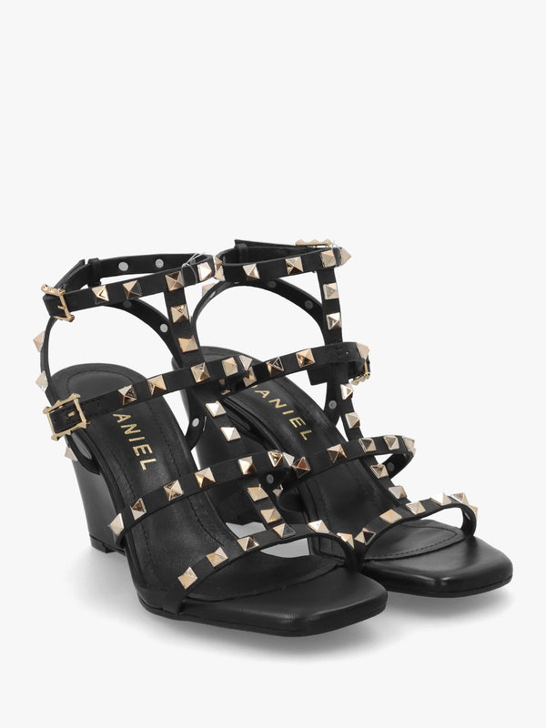 Pittedge Black Leather Studded Wedge Sandals
