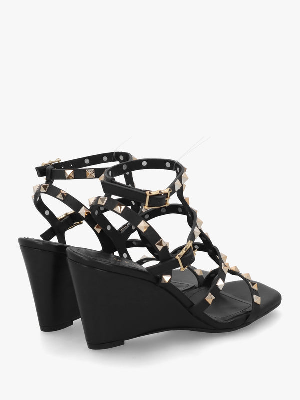 Pittedge Black Leather Studded Wedge Sandals