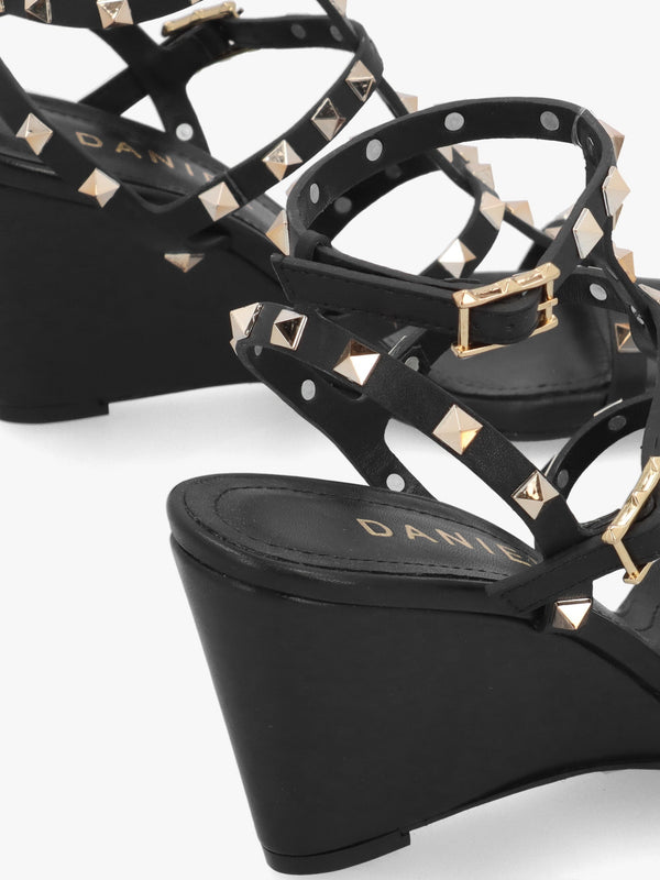Pittedge Black Leather Studded Wedge Sandals