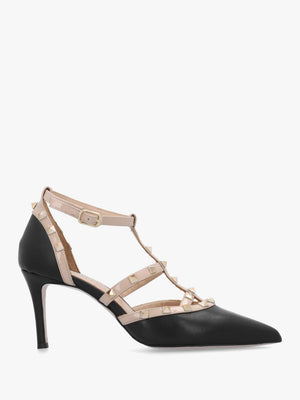 Poltiff Black & Beige Leather Studded T-Bar Court Shoes