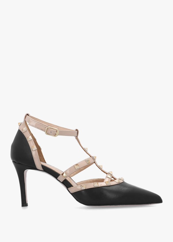 Poltiff Black & Beige Leather Studded T-Bar Court Shoes