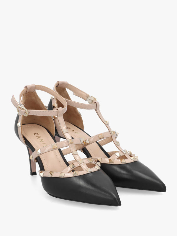 Poltiff Black & Beige Leather Studded T-Bar Court Shoes
