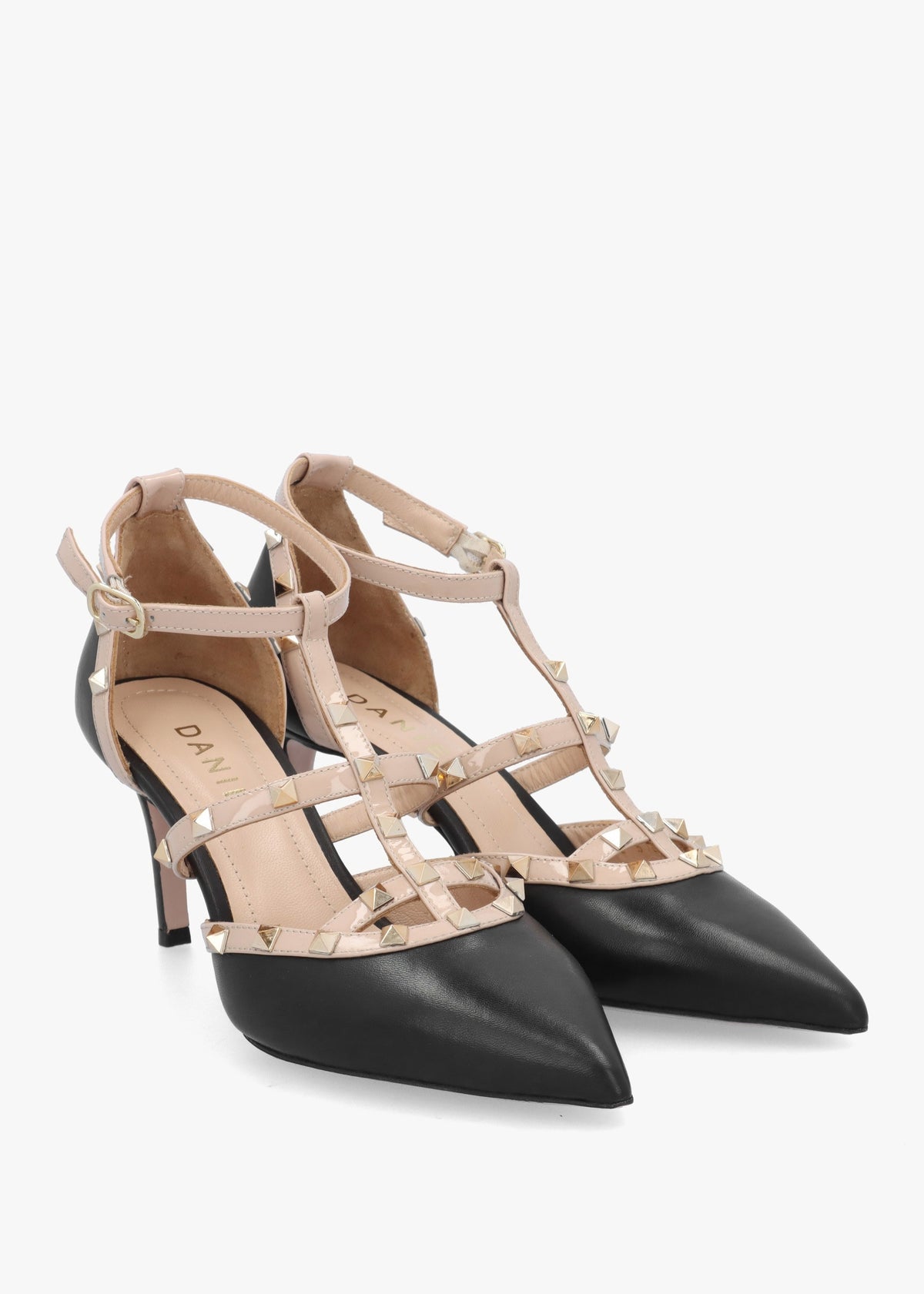 Poltiff Black & Beige Leather Studded T-Bar Court Shoes