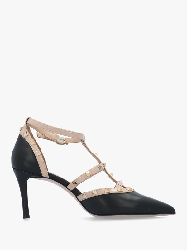 Poltiff Black & Beige Leather Studded T-Bar Court Shoes