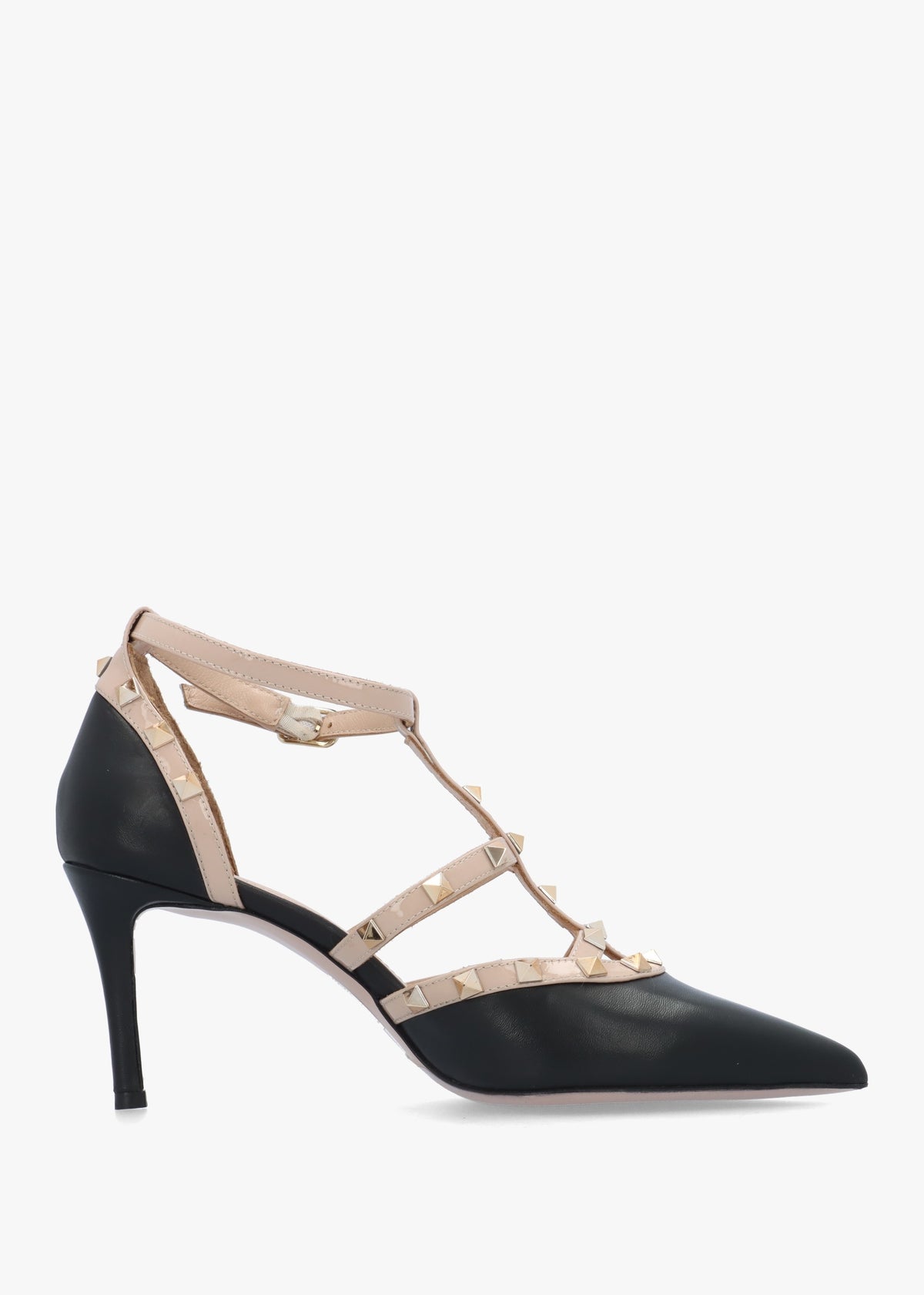 Poltiff Black & Beige Leather Studded T-Bar Court Shoes