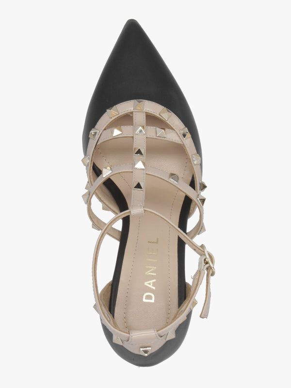 Poltiff Black & Beige Leather Studded T-Bar Court Shoes