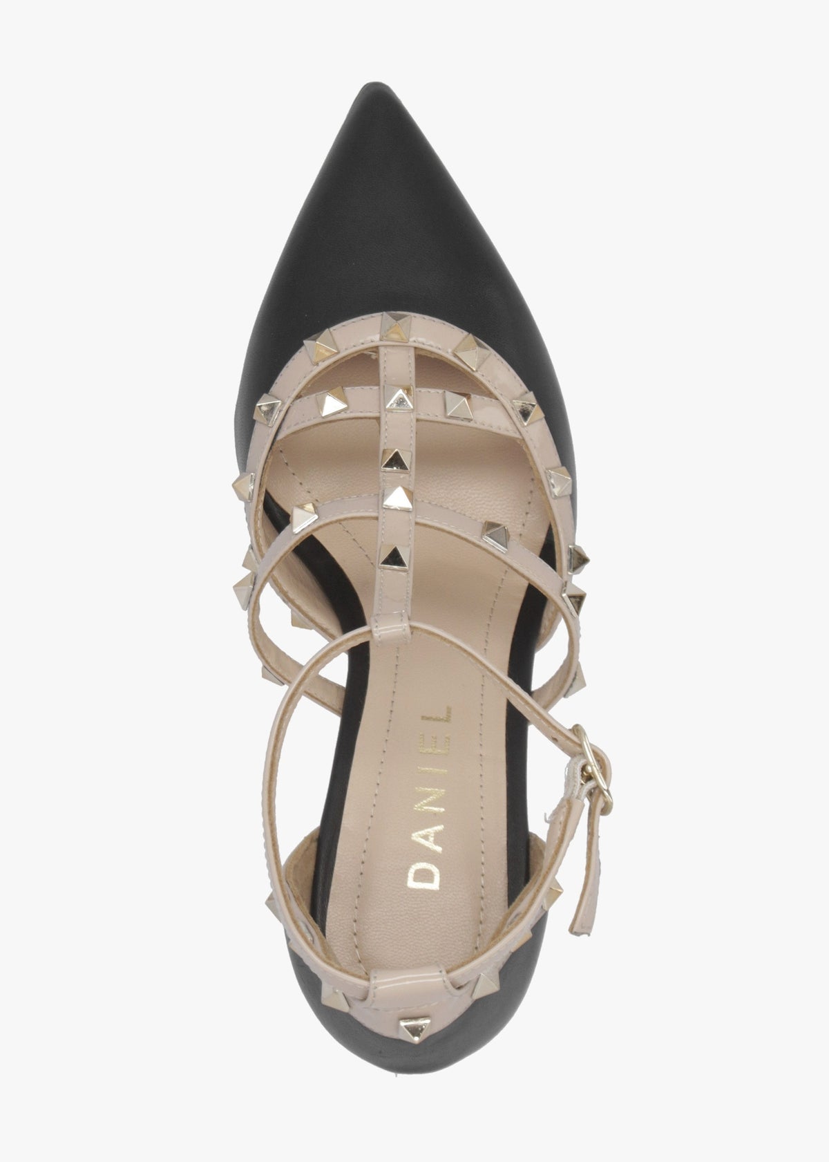 Poltiff Black & Beige Leather Studded T-Bar Court Shoes