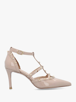 Poltiff Nude Patent Leather Studded T-Bar Court Shoes
