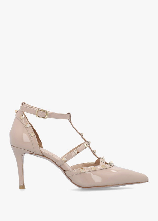 Poltiff Nude Patent Leather Studded T-Bar Court Shoes