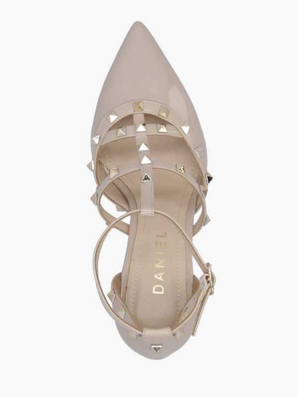 Poltiff Nude Patent Leather Studded T-Bar Court Shoes