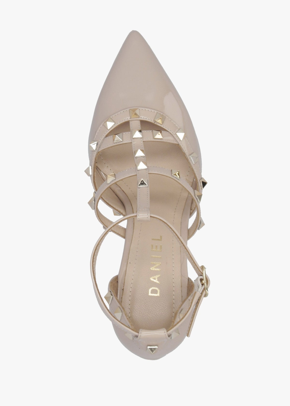 Poltiff Nude Patent Leather Studded T-Bar Court Shoes