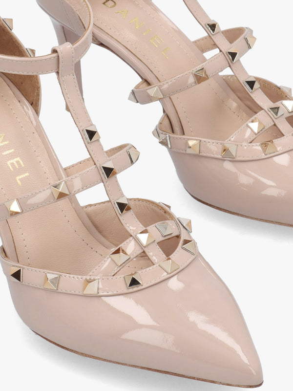 Poltiff Nude Patent Leather Studded T-Bar Court Shoes