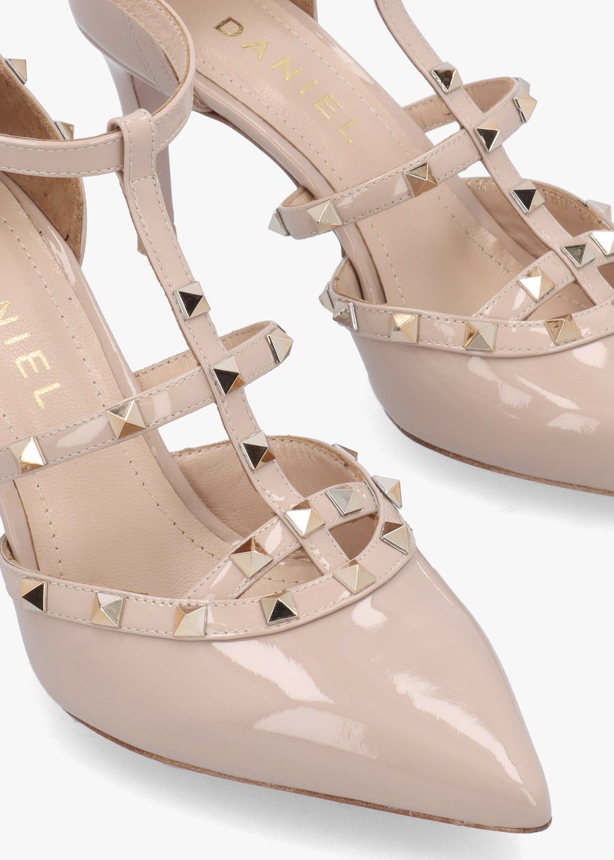 Poltiff Nude Patent Leather Studded T-Bar Court Shoes