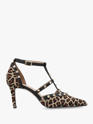 Poltiff Leopard Pony Hair Studded T-Bar Court Shoes