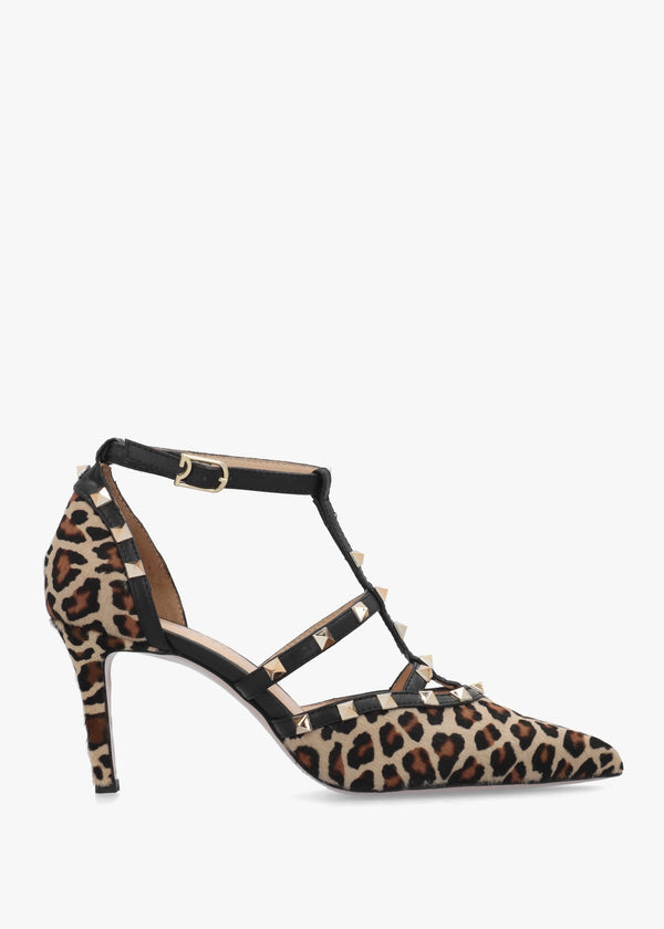 Poltiff Leopard Pony Hair Studded T-Bar Court Shoes