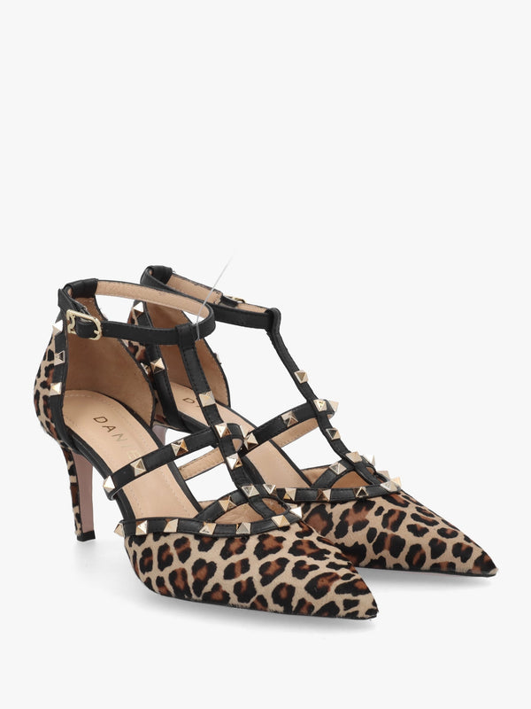 Poltiff Leopard Pony Hair Studded T-Bar Court Shoes