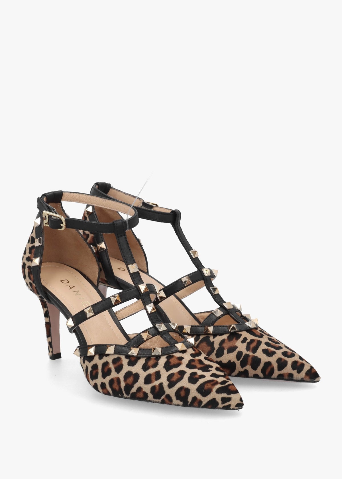 Poltiff Leopard Pony Hair Studded T-Bar Court Shoes
