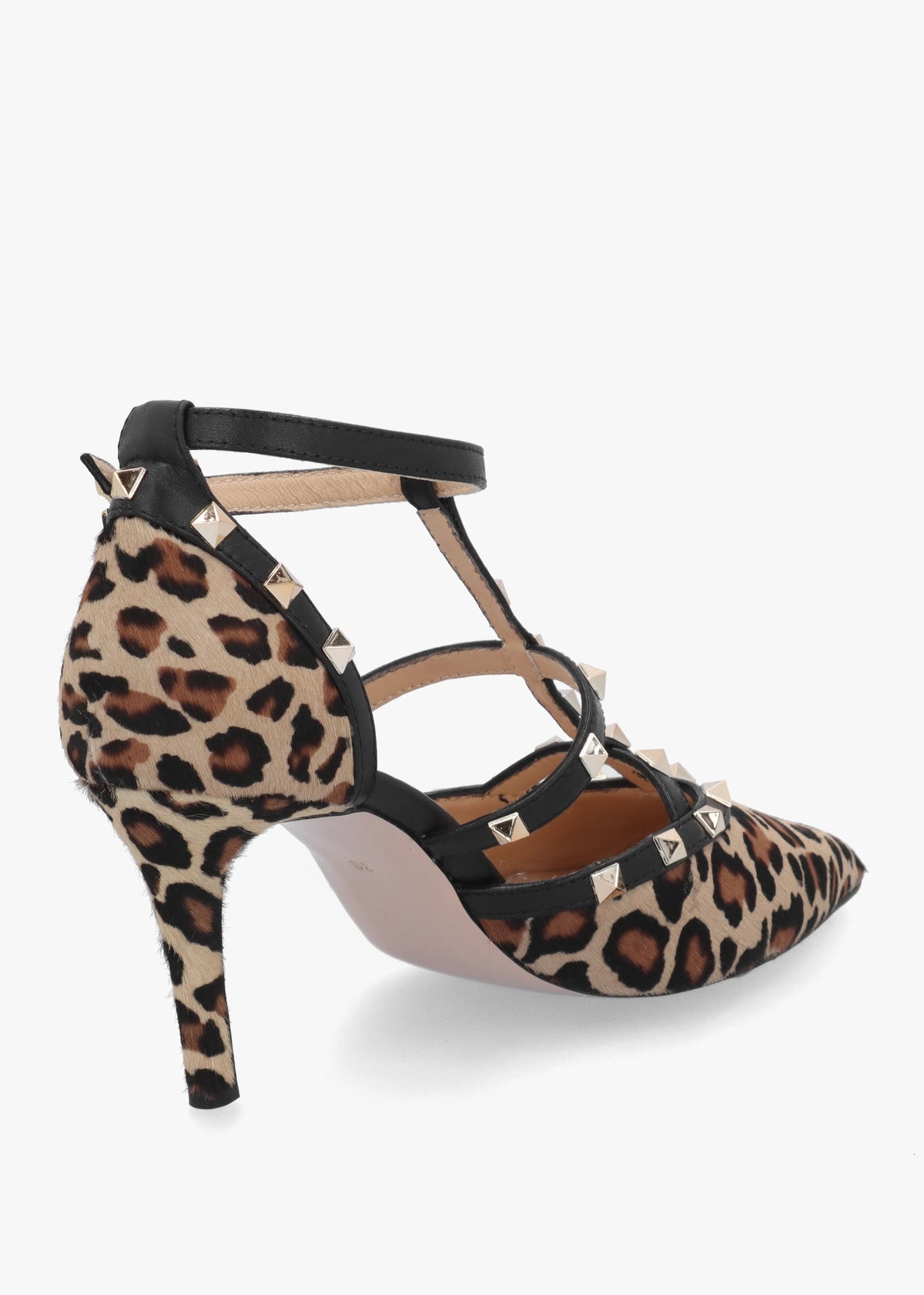 Poltiff Leopard Pony Hair Studded T-Bar Court Shoes