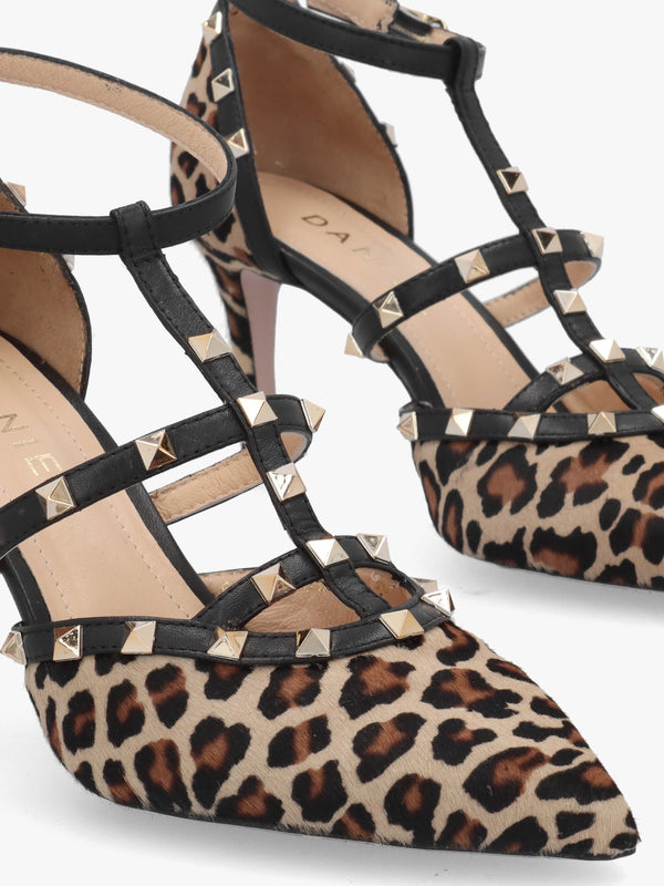 Poltiff Leopard Pony Hair Studded T-Bar Court Shoes