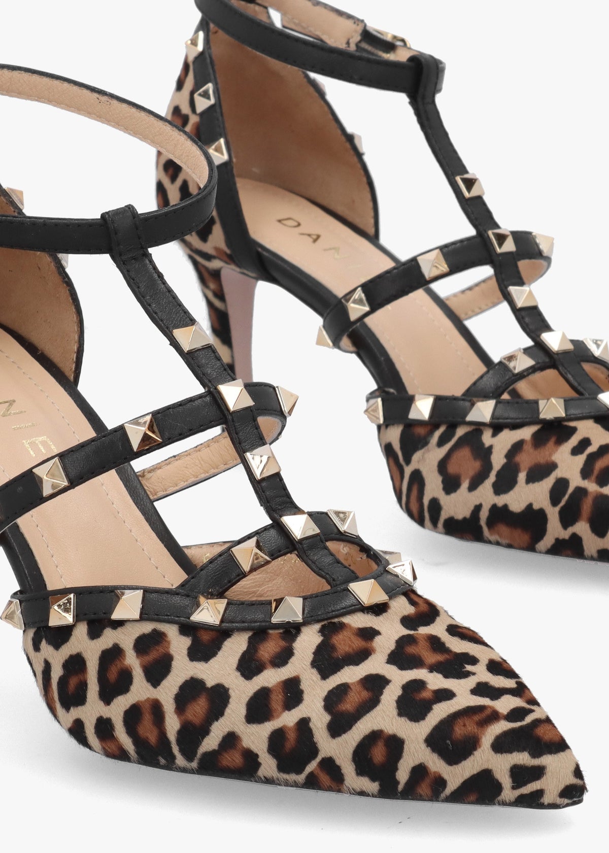 Poltiff Leopard Pony Hair Studded T-Bar Court Shoes