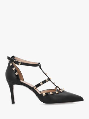 Poltiff Black Leather Studded T-Bar Court Shoes