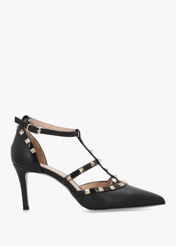 Poltiff Black Leather Studded T-Bar Court Shoes