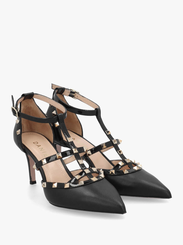 Poltiff Black Leather Studded T-Bar Court Shoes