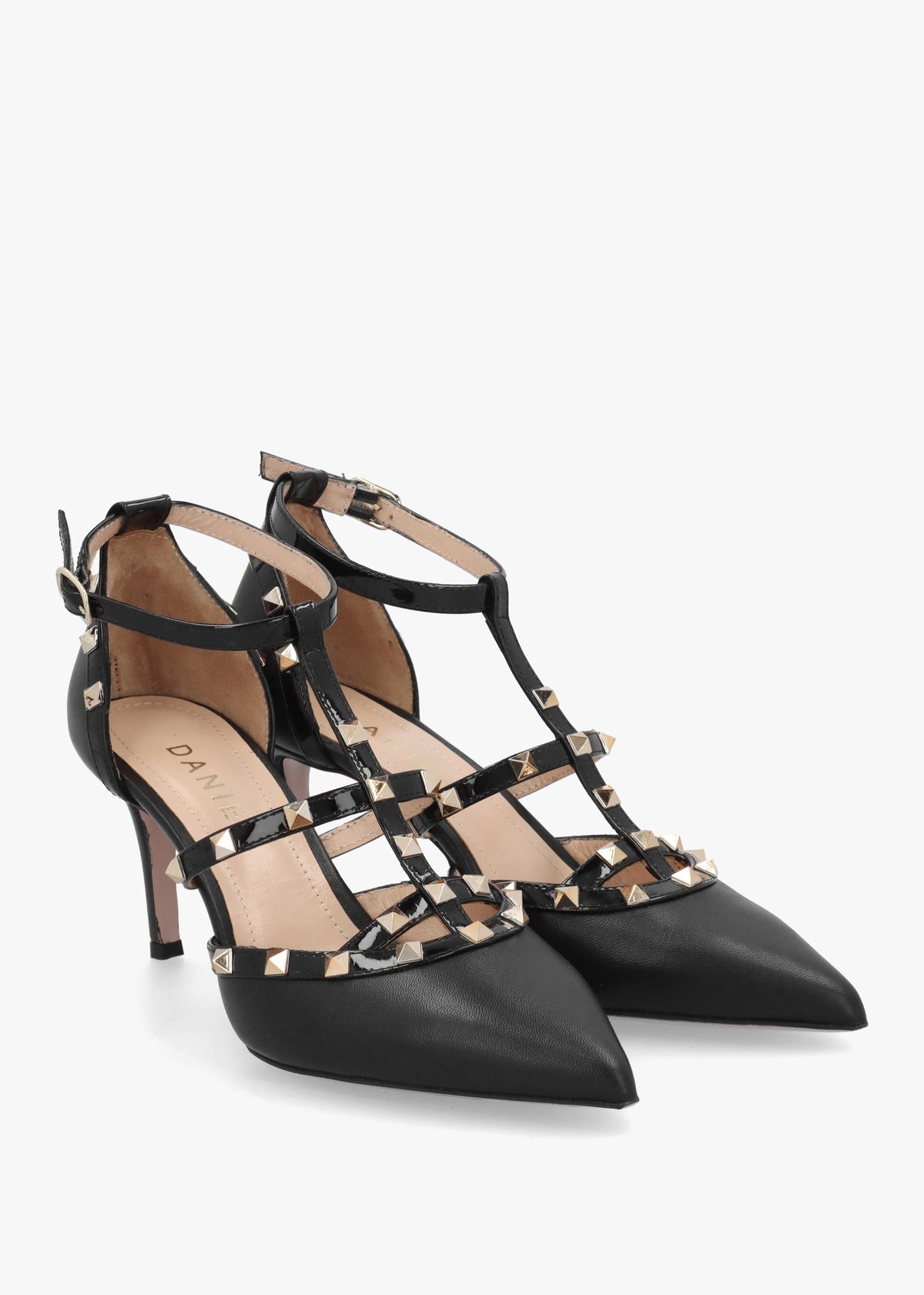 Poltiff Black Leather Studded T-Bar Court Shoes