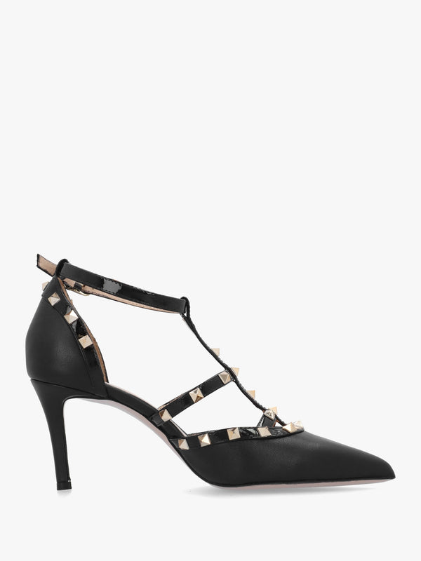 Poltiff Black Leather Studded T-Bar Court Shoes