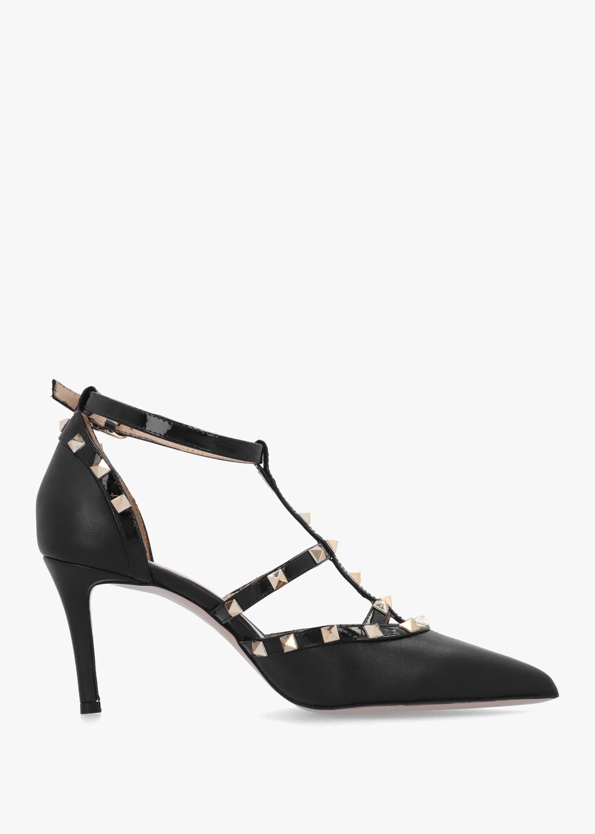 Poltiff Black Leather Studded T-Bar Court Shoes