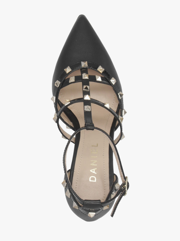 Poltiff Black Leather Studded T-Bar Court Shoes
