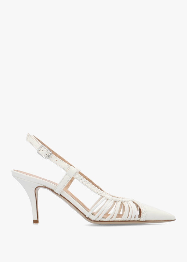 Nuri White Leather Plaited Cage Heel Sling Backs