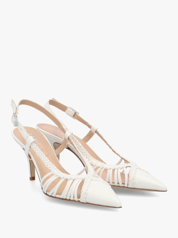 Nuri White Leather Plaited Cage Heel Sling Backs