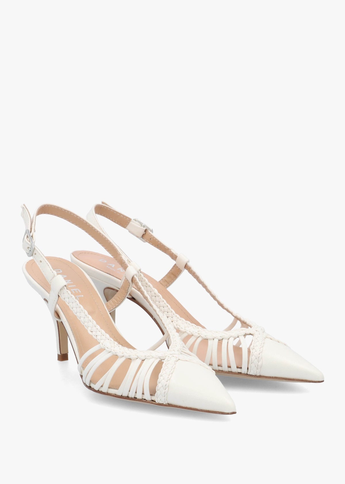 Nuri White Leather Plaited Cage Heel Sling Backs
