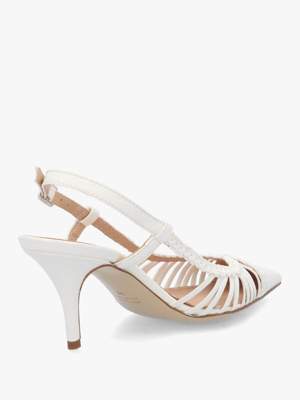 Nuri White Leather Plaited Cage Heel Sling Backs