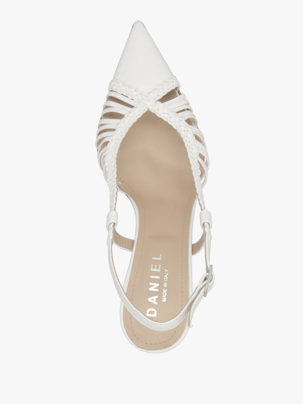 Nuri White Leather Plaited Cage Heel Sling Backs