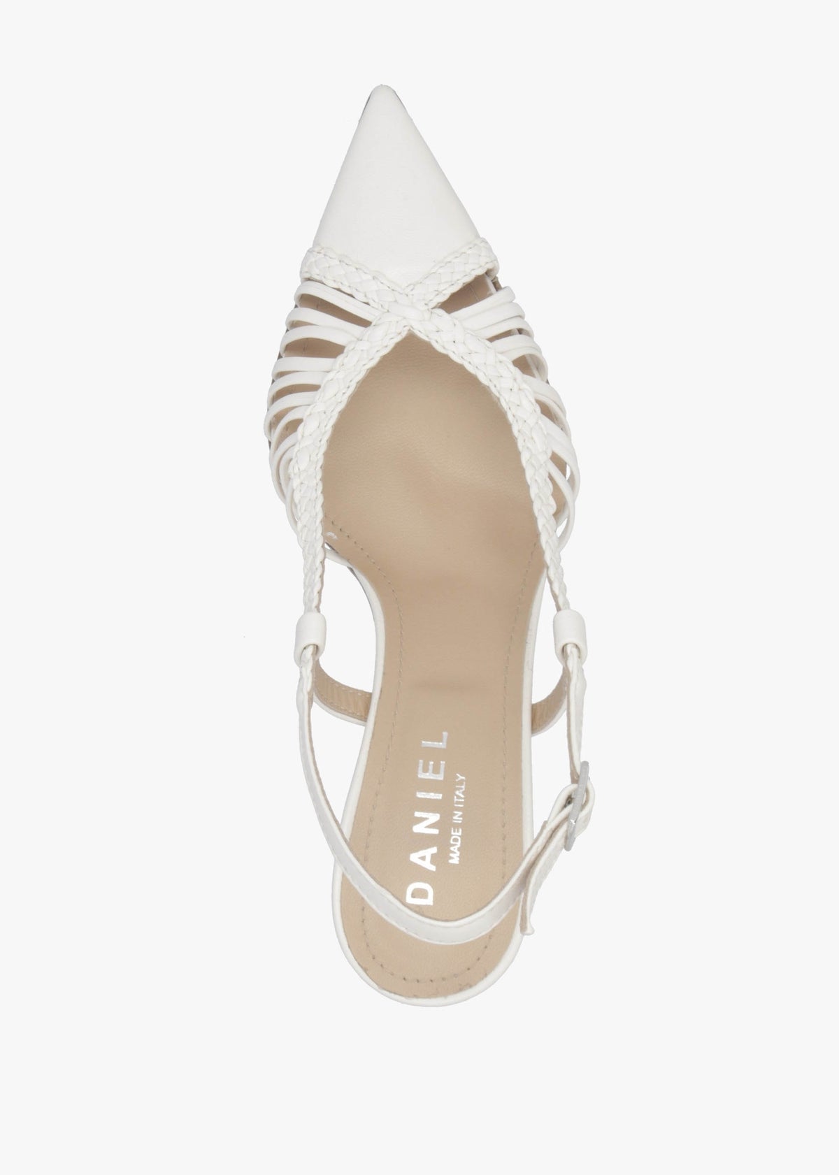 Nuri White Leather Plaited Cage Heel Sling Backs